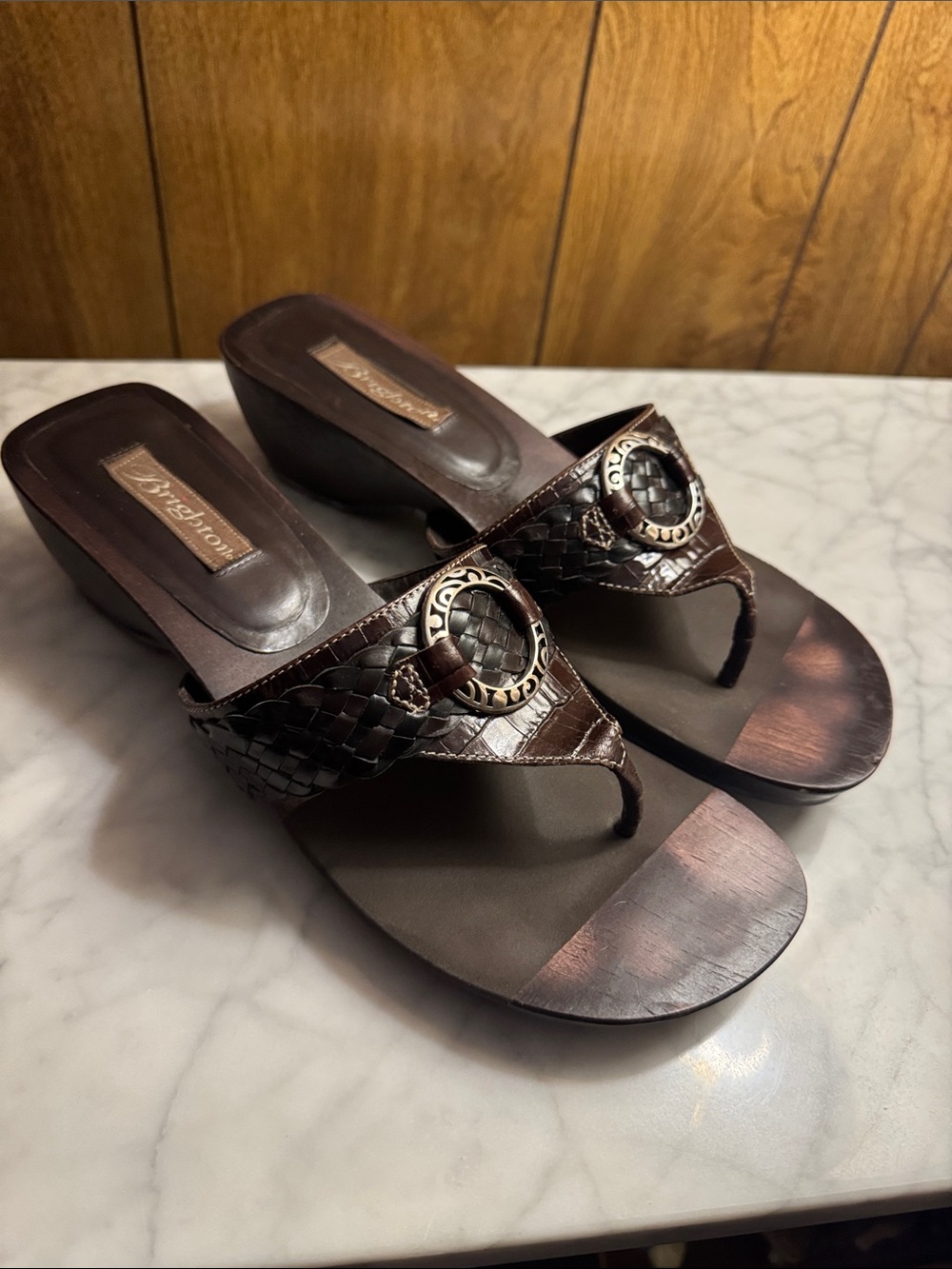 Brighton Brown Women’s Wedge Thong Sandals with Braided Strap